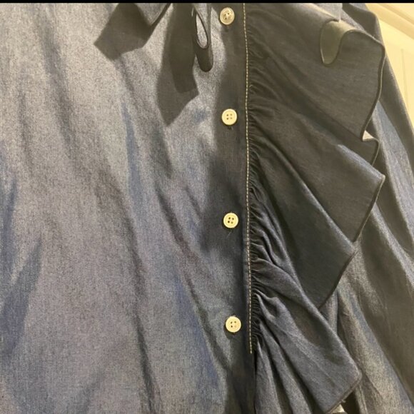 MARC Jacobs Ruffle Denim Button-Up Top 3/4 Sleeve Women's Size 2 - Picture 4 of 8